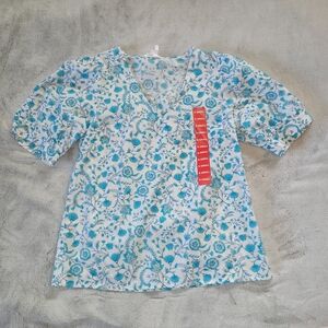 Draper James Womens Size XS Short Puff Sleeve V-neck Paisley Floral Top Blouse